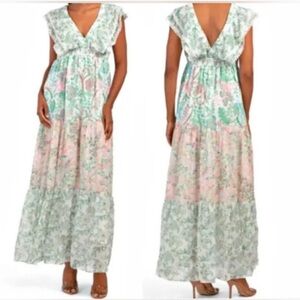 House of Harlow Floral Eyelet Ruffle‎ V-Neck Tiered Maxi Dress Size Small